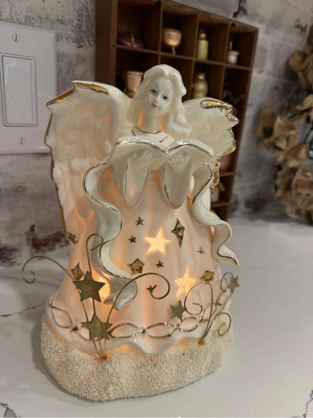 Vintage Porcelain Angel with Gold Star Accents - White and Gold